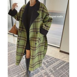 Mélanges de laine pour femmes Femme Oem Plaid laine Tweed fourrure Teddy réversible Blazers longues vestes manteaux vêtements coréen mode hauts hiver Trench 230822