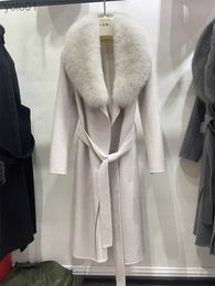 Mélange de laine pour femmes Femmes automne Natural Real Fur Collar 100% laine longue kaki gris y blanc ceinture en laine slim jacketl231118