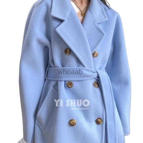 Mélanges de laine pour femmes Femmes beau classique bleu ciel épaissir chaud hiver laine cachemire Long manteau laine Double boutonnage à lacets avec ceinture pardessus HKD230904