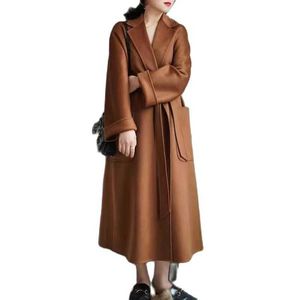 Femmes Mélanges De Laine Femmes Belle À La Main Ondulations De L'eau Ondulée Long Pardessus En Laine Double Face À Lacets Robe Manteau Avec Ceinture Outwear Marque HKD230712