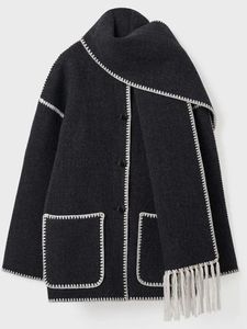 Mélanges de laine pour femmes Femmes manteau avec écharpe automne hiver chaud vestes en laine dame Vintage élégant simple boutonnage pardessus femme décontracté veste ample 231116