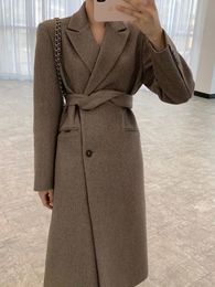 Laine des femmes mélanges femmes élégant Long manteau de laine avec ceinture couleur unie à manches longues Chic Style coréen vêtements d'extérieur dames pardessus 231213
