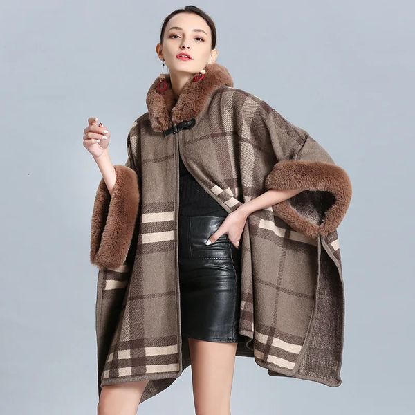 Mélanges de laine pour femmes Capes à capuche pour femmes fausse fourrure Patchwork manteau tricoté épais chaud bureau dame à carreaux Poncho veste d'extérieur manteaux amples 231211