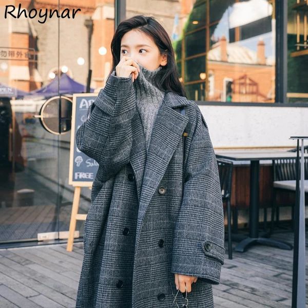 Mélanges de laine pour femmes femmes coréen mélanges manteau élégant épaulette automne hiver rue Chic Plaid vêtements esthétique femme Baggy rétro Version pardessus 231020