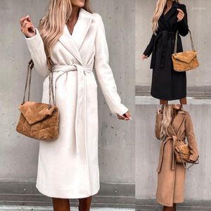 Dameswol Blends Women Oversize Coat Solid Color Belt Autumn Winter Turndown Collar Split Heme overjas voor kantoor dame elegant jas