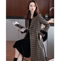 Mélange de laine pour femmes Mélanges de laine de longueur moyenne pour femmes Autumn Collean Slim Coats Thousand Bird Check Double Poit