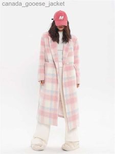 Mélanges de laine pour femmes manteau en laine à motif à carreaux rose pour femme automne hiver Style britannique Chic femme ample moyen Long vêtements d'extérieur JacketL230926
