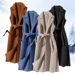 Women's Wool Blends Gilet femme manteau en laine veste longue gilet avec ceinture solide revers bureau vêtements de dessus pour femmes automne hiver vêtements pour femmes 231113