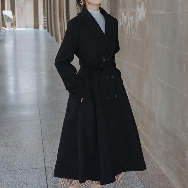 Femmes Mélanges De Laine Femmes Jupe Style Long Manteau Double Boutonnage Ceintures Trench Vintage Dames Classique Automne Hiver Ceinture Pardessus En Laine