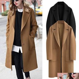 Femmes Mélanges De Laine Femmes Hiver Revers Bouton Long Manteau Marron Veste Dames Pardessus Outwear Style Britannique Mélange Solide Trench Dro Dhg5V