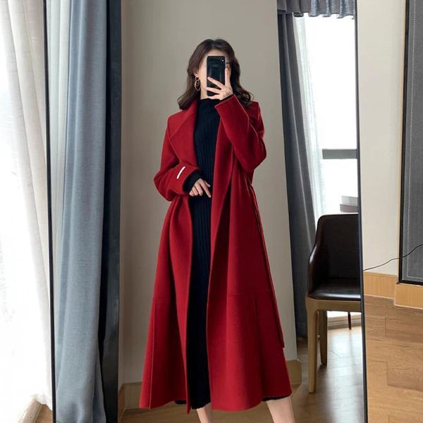 Mezclas de lana para mujer, abrigos largos con cinturón, abrigo de lana con cordones vintage para mujer, chaqueta gruesa de vendaje coreano, prendas de vestir elegantes rojas elegantes para invierno