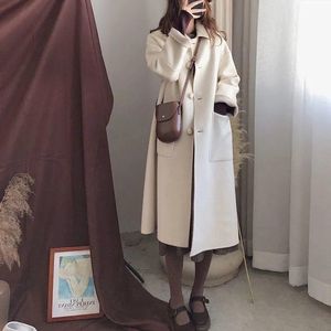Dameswol Blends Wollen jas vrouwen lange herfst wintermodellen hoogwaardige Koreaanse stijl losse dunne dunne met één borste solide warme elegante vrouw