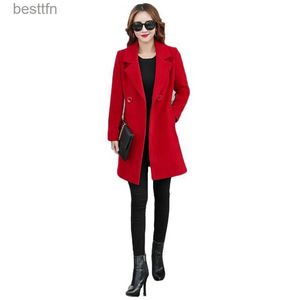 Abrigo de lana de mezclas de lana para mujer, M-4XL rojo con cuello de traje ajustado, Otoño Invierno 2022, nueva moda de oficina para mujer, abrigos largos de lana amarillos para mujer LD1396L231014