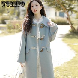 Женское полушерстяное пальто WTEMPO в студенческом стиле, милое японское шерстяное пальто средней длины с пряжкой из бычьего рога, студенческое пальто JK, верблюжье зимнее пальто, осень-зима 231108
