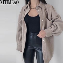 Femmes laine mélanges Xitimeao 2023 automne hiver mode laine manteau femmes chemise ample décontracté solide dames revers veste 221121