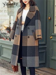 Mélanges de laine pour femmes Yitimoky manteau à carreaux femmes automne hiver 2023 mode à manches longues col rabattu vestes Vintage à lacets manteaux amples 231114