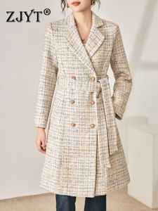 Mélanges de laine pour femmes ZJYT automne hiver Vintage Long mélange Tweed vestes et manteaux 2023 élégant col rabattu vêtements d'extérieur Veste Femme 231018