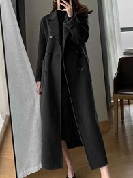 Mélanges de laine pour femmes Zoki mode Long manteau femmes élégant fausse ceinture décontractée veste hiver bureau dame Double boutonnage Simple vêtements d'extérieur 231018