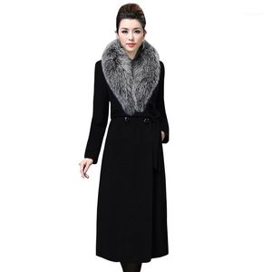 Femmes laine élégante femmes mélanges manteau mode ceinture corée veste automne hiver coupe-vent femme longue survêtement chaud fourrure