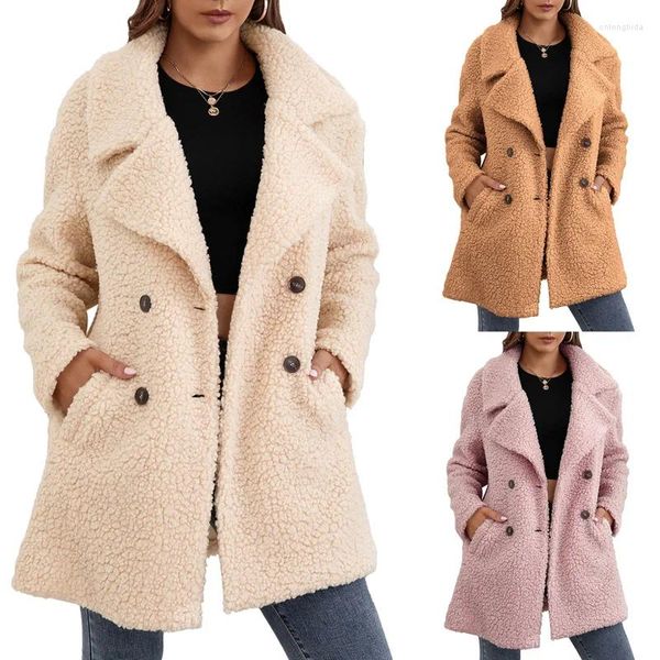 Chaqueta de lana de invierno cálida de lana de cordero para mujer, abrigo de manga larga con solapa y bolsillo con doble botonadura, luz de calle alta, moda de lujo
