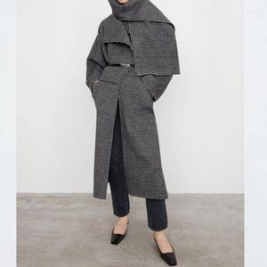 Damen Wolle Ins Fahion Grau Plaid Trench Mittellanger Mantel Lose Herbst Winter Lange Jacke