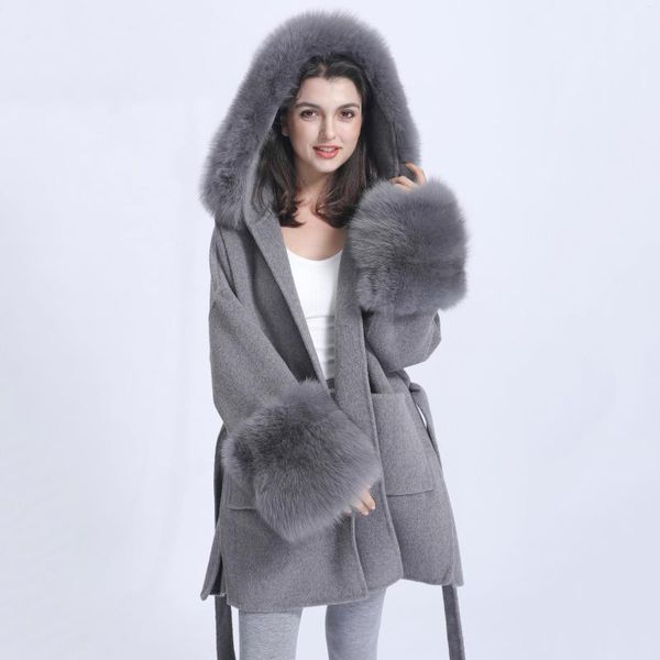 Femmes laine MISSJANEFUR 2023 manteau d'hiver pour femmes cachemire vestes avec véritable fourrure capuche manchette chaud luxe ceinturé longue Trench