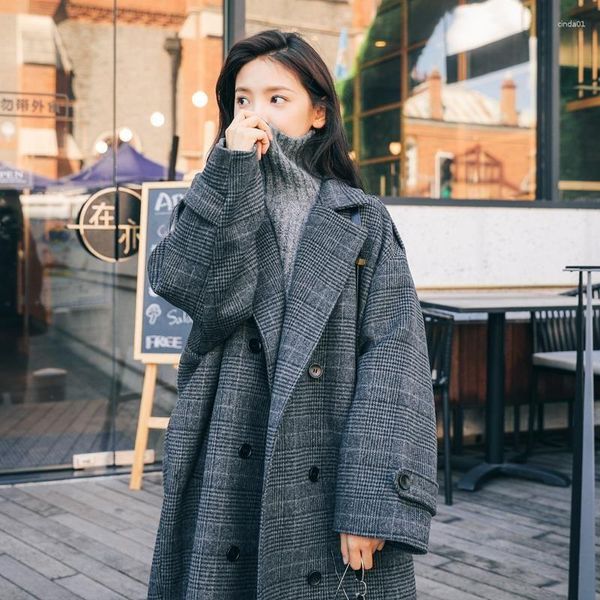 Manteau en laine à carreaux pour femmes mi-long coréen surdimensionné Preppy étudiant vestes amples au dessus du genou