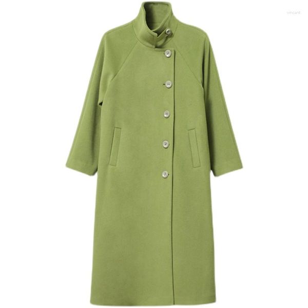 Manteau en laine rétro à col montant pour femme, vert, col montant, simple boutonnage, vêtement d'extérieur Long d'hiver