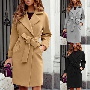 Manteau Long à revers en laine pour femme, élégant, rétro, couleur unie, mode, chaud, Slim, avec ceinture, manteaux et vestes d'hiver pour femme