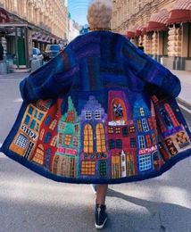 Dames wol vintage huis print lange tops jas jas dames mode overjas lente herfst turn down kraag bovenkleding bovenkleding