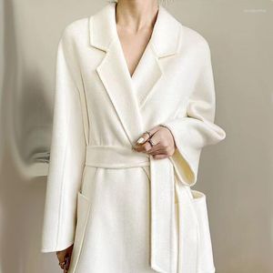 Manteau en laine blanc Double face 80% cachemire pour femme, coupe-vent haut de gamme, mi-long, ondulé à l'eau, automne et hiver