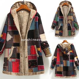 Dameswollen winter Vintage damesjas Warm bedrukt Dikke fleece met capuchon Lange jas met zak Dames uitloper Los voor