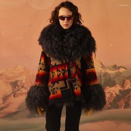 Femmes laine femmes mélanges 2022 automne rétro Totem imprimé personnalité manteau Mao manches longues revers dames Vintage chaud hiver