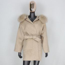 Dameswol Women's Blends CXFS 2022 Oversize losse kasjmier echte bont jas winter jas vrouwen natuurlijke kraag kapterijbelt