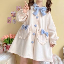 Mélange de laine pour femmes, Style Preppy japonais, manteau Lolita pour fille douce, col marin Kawaii, nœud mignon, manches longues, simple boutonnage