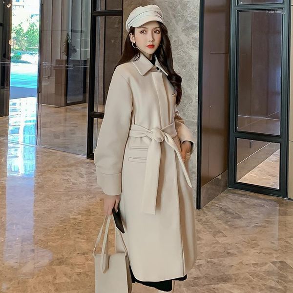 Femmes laine femmes mélanges belle hiver coréen loisirs manteau long mode manteaux élégant revers 2 poches ceinturée vestes solide femme