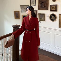 Damen Wolle Damenmischungen Rot Hepburn Stil Wollmantel Herbst Winter Damen Vintage Zweireihig Übergroße Jacke Weiblich Elegant