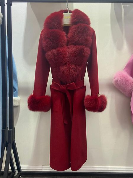 Femmes laine femmes hiver fait à la main Double face laine rouge couleur véritable col de fourrure Long chaud femme manteau