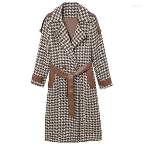 Femmes laine laine veste femmes mi-longueur automne hiver vêtements 2023 manteau pied-de-poule corps vêtements d'extérieur femme ceinture pardessus haut