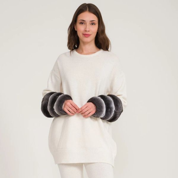 Manteau d'hiver en laine pour femmes, pull en cachemire, Chinchilla, lapin, manchette en fourrure, cardigan à boutons de manchette en laine véritable