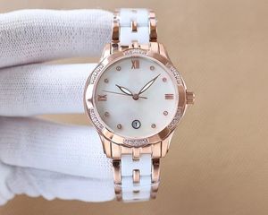 Reloj de pulsera para mujer, movimiento de cuarzo importado con incrustaciones de diamantes, correa de piel de vaca de cerámica de lujo