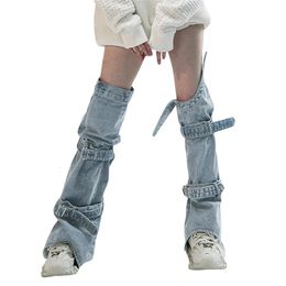 Vrouwen s y2k denim been warmers 80s knie high harajuku buckle Jean socks punk gothic been cover kousen streetwear 240422