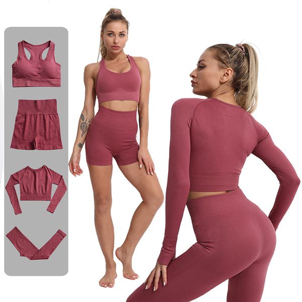 Trajes de yoga para mujeres sin costuras pantalones de yoga que corren pantalones ropa de vestir de gimnasio conjuntos de entrenamiento de la mujer ropa de ejercicio deportivo sujetador de manga larga tops de damas