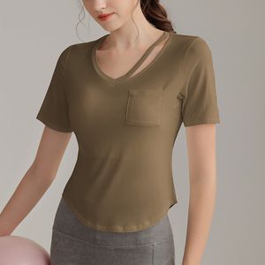 Yoga pour femmes à manches courtes avec poche poitrine haut à col en V T-shirt col rond Fitness vêtements de sport respirant entraînement Fitness haut de tennis été LL556