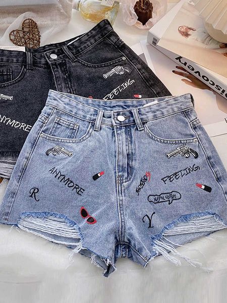 Femmes YuooMuoo 2022 New Aesthetic Printed Denim Shorts Summer Casual Taille Haute Fashion Tear Jeans Harajuku Ultra Thin Girls 'Pantalons P230606