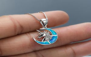 Femmes S925 bijoux bleu opale licorne lune pendentif collier 925 en argent Sterling pour cadeau 7857514