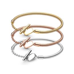 Bracelets en argent s925 pour femmes, breloque Pandora, boucle en forme de cœur, chaîne en os de serpent