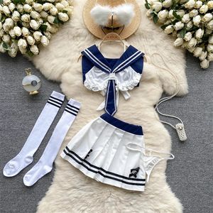 Vrouwen Sailor Kraagbanden Korte JK Uniform Sweet Erotic Student Suits Topsplated rok Lingerie Fashion Sexy 4 Pieces Sets 240419