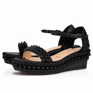 Femmes sandales plates semelle talon haut coin plat Madmonica 60mm clouté talon véritable espadrille en cuir compensées robe de soirée de mariage