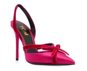 Femmes sandales pompes sling back chaussures SATIN ET VELVET BOW SLINGBACK pointu 100mm designer de luxe à talons hauts avec boîte 35-43size